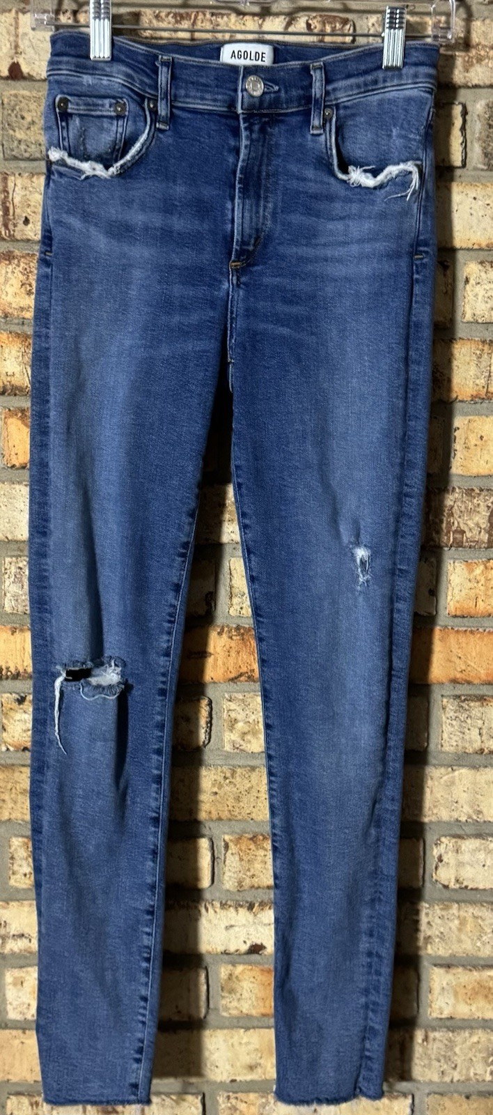 AGOLDE medium wash blue distressed skinny denim jeans womens regular