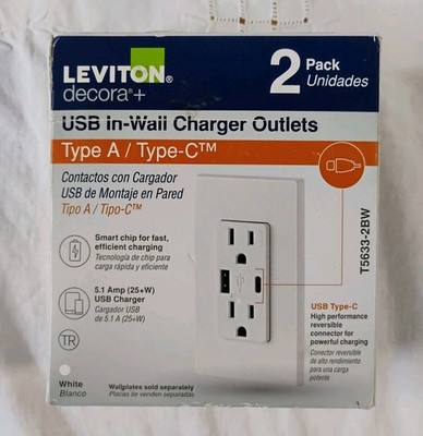 Leviton Decora Plus Type A / Type-C USB In-Wall charger Outlets White Pack of 2