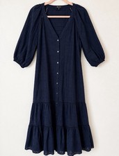 Madewell Navy Solid Cotton V-Neck Puff 3/4 Sleeve Button Front Maxi Dress 14