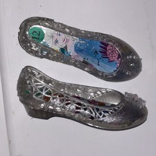 Disney Frozen Elsa Anna Silver Glitter Jelly Heels Shoes Girls Size 12 Snowflake