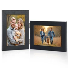 5x7 Double Hinged Picture Frame - Black Foldable Photo Frame with Real Glass,...