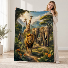 Lion Elephants Giraffes Zebra Jungle Landscape Coral Fleece Blanket