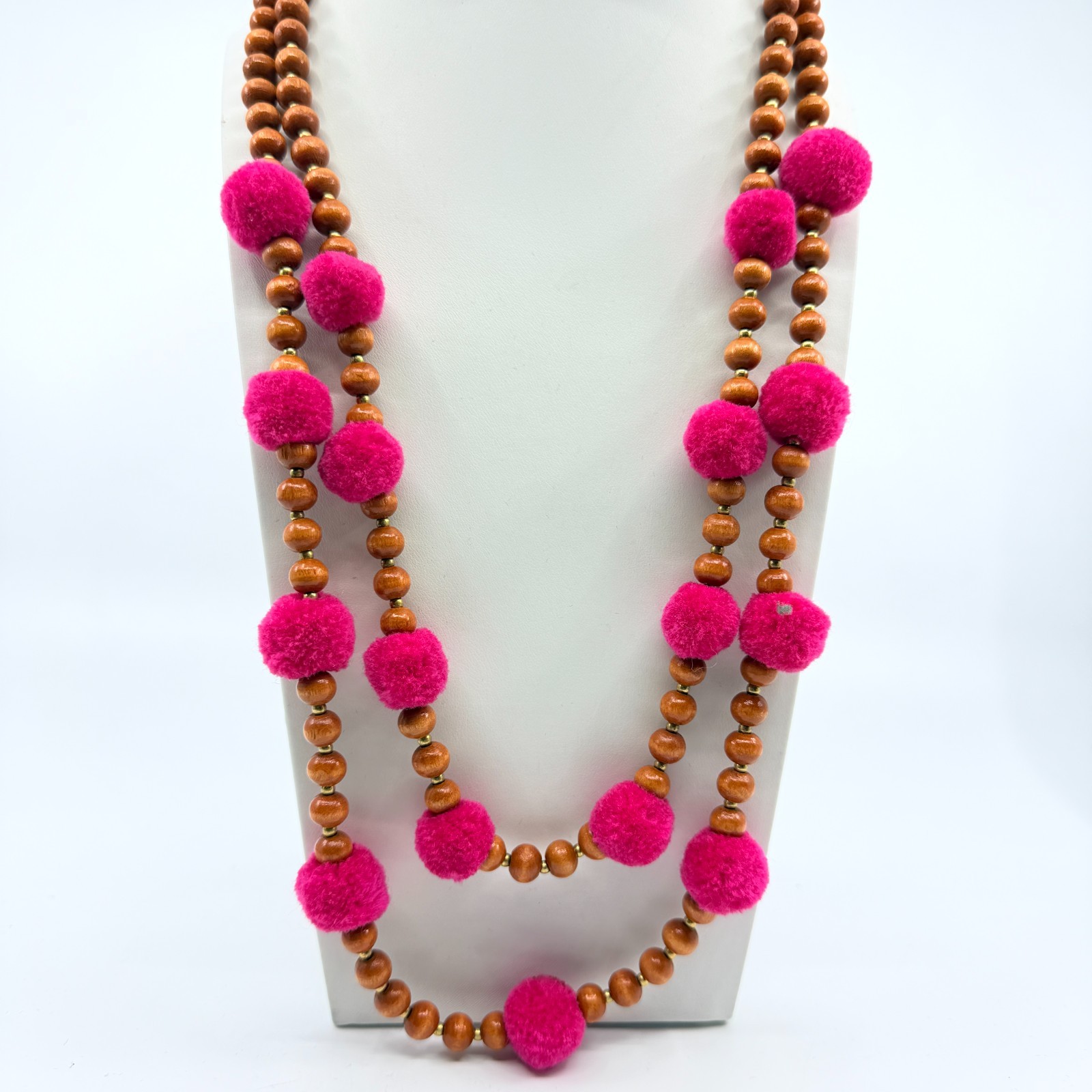 VTG J. Crew Y2K Statement Layered Necklace Wood Beads Hot Pink Pom Poms Festival