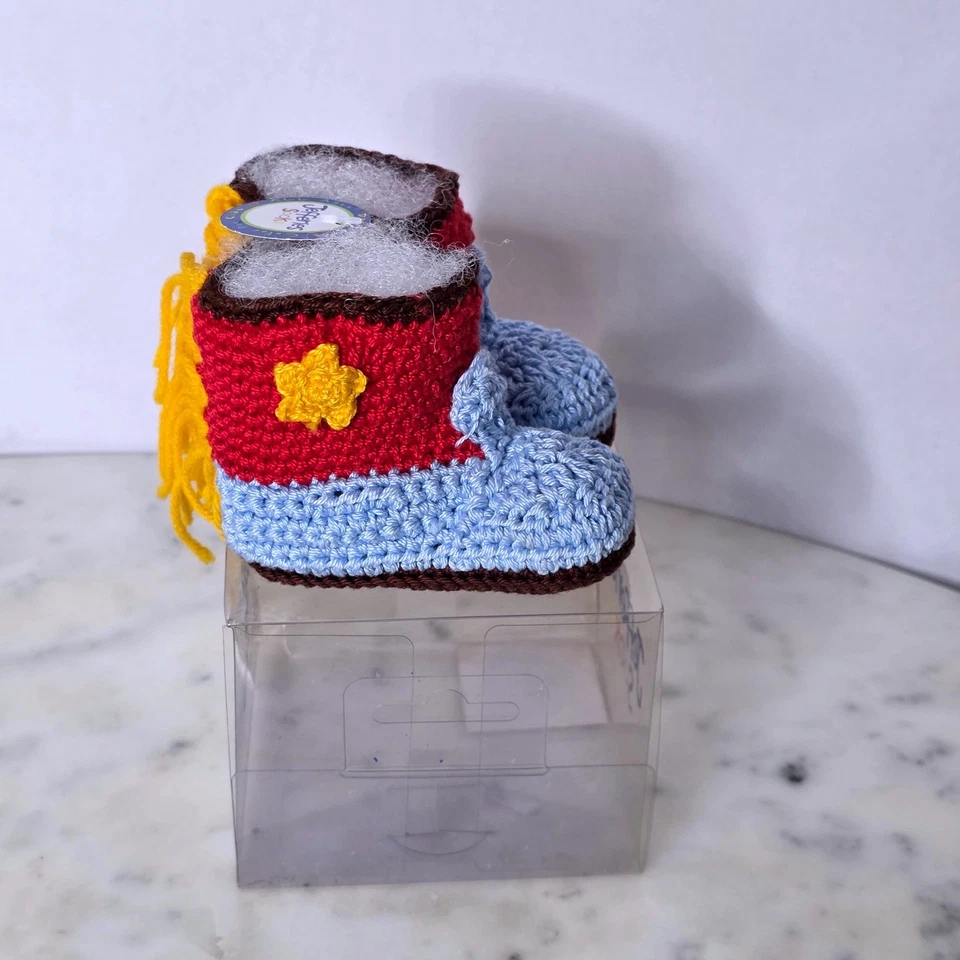 Meias Jefferies recém-nascido crochê cowboy botas ocidentais sapatos franja azul vermelha - Imagem 4 de 4