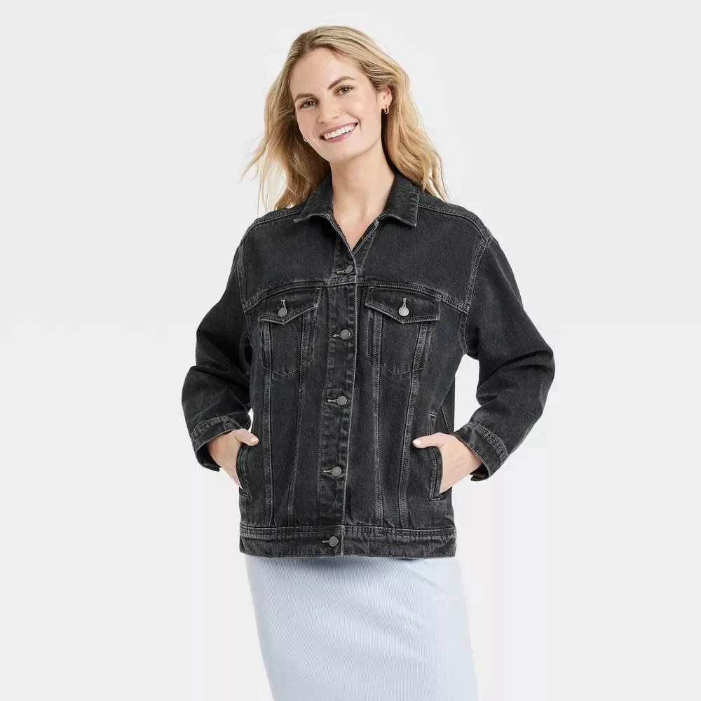 NWT Women's Universal Thread Size Large 90's Baggy Washed Black Trucker Jacket