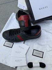 Gucci Ace Talla 10 EE. UU. 43,5 UE Hombres 386750A38D0 Negro $590 Usado en Excelente Condición Auténtico + Caja / Cordones