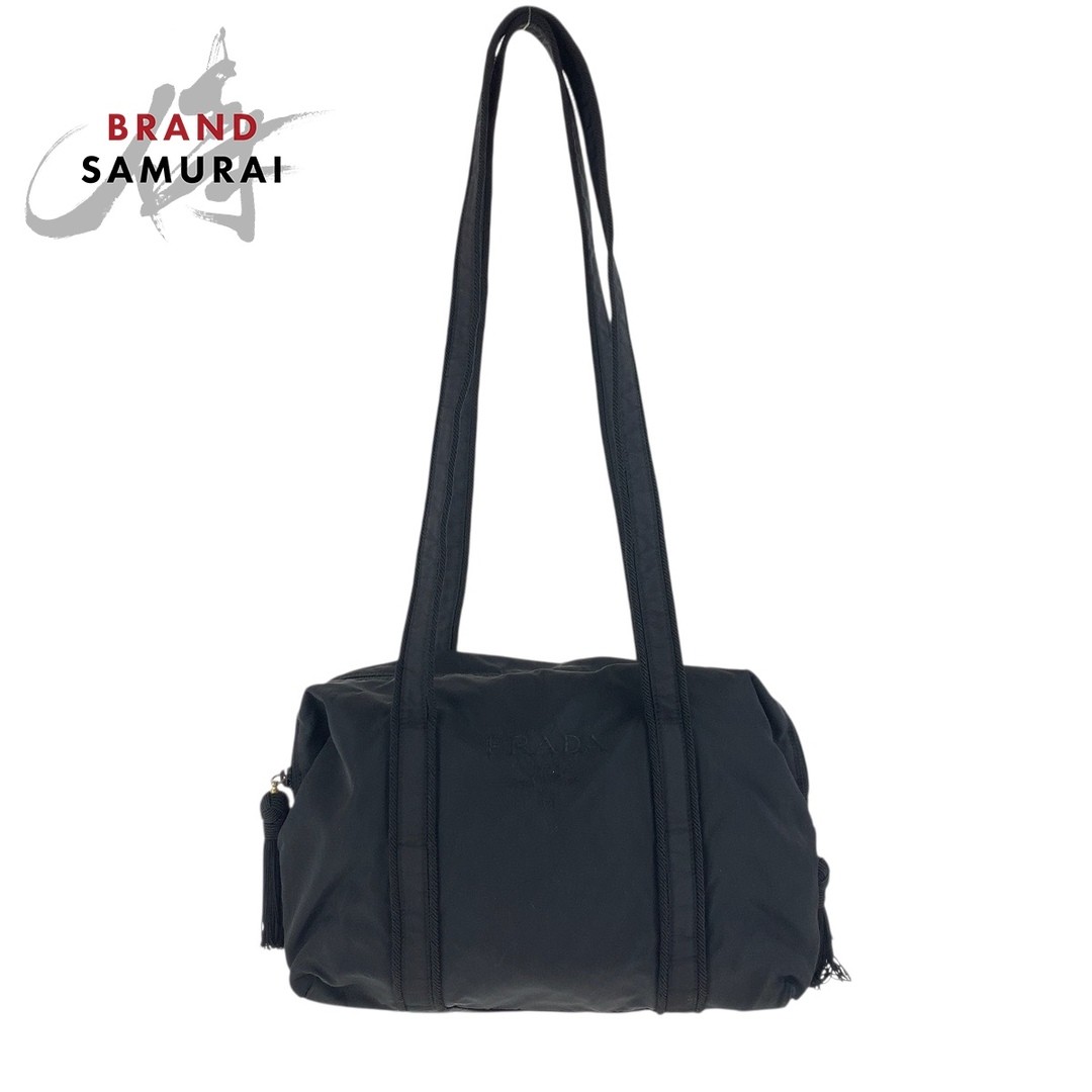 RARE PRADA Tessuto Logo Black Nylon Shoulder Bag with Silver Hardware