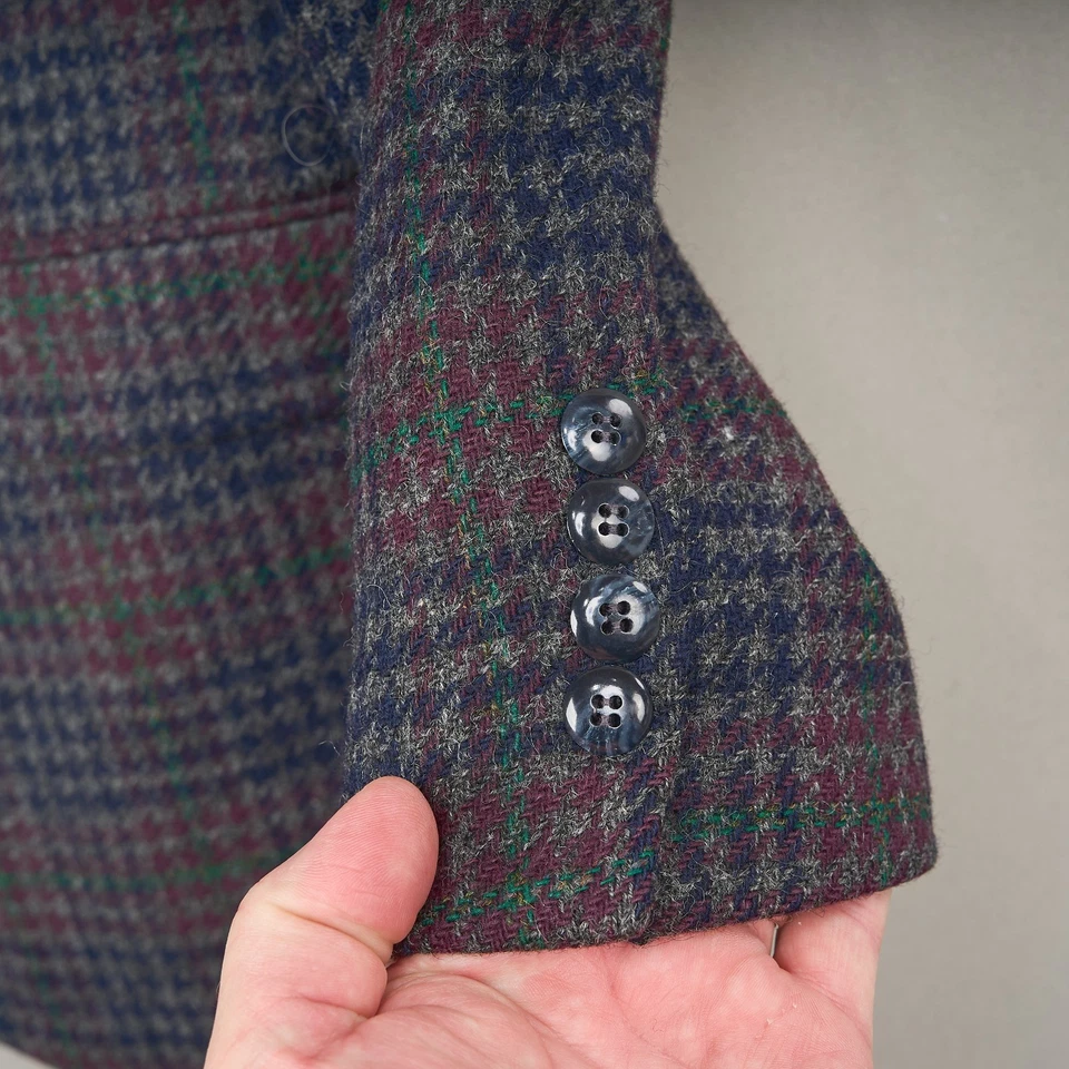 Abrigo Deportivo de Lana Stafford 44S Gris Borgoña Azul Pata de Gallo Tweed Blazer EE. UU. Foto 2 de 4