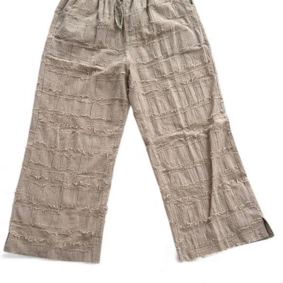 Lulu B Wide Leg Pull On Pants Womens XL Embroidered Boho Cotton Beige Pockets - Image 3 of 4