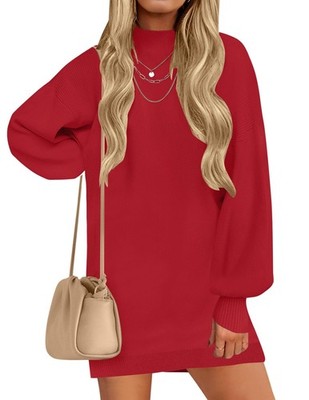 Oversized Long Lantern Sleeve Casual Knit Mini Dress, MEDIUM, 6E-176D002