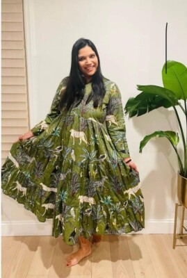 COTTON HAND BLOCK PRINTED DRESS SUMMER MIDI DRESS FLORAL JUNGLE PRINT