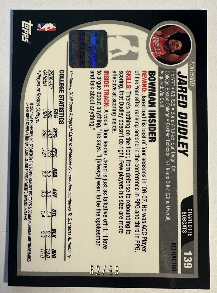 Bowman 2007-08 cromo Jared Dudley refractor negro/99 automático RC SSP Bobcats! Foto 2 de 2