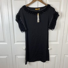 Alice +Olivia XS Silk Satin Black Dress Embellished Beaded Whimsigoth Retro Goth