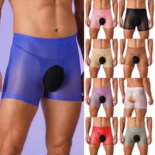Men Shorts See-through Boxer Brief Open Crotch Underpants Solid Color Panties