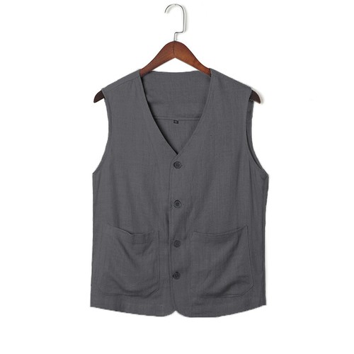 Gilet uomo lino stile cinese retrò top estivo sottile cotone e lino gilet - Foto 7 di 15
