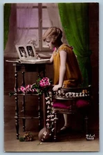 Pretty Girl Postcard RPPC Photo With Album Flowers c1910's Posted Antique
