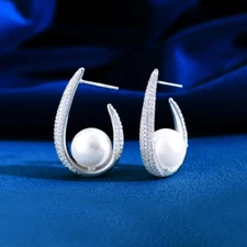 Cute U Shape Big Round Pearl Hoop Earrings Silver Plated CZ Jewelry Accessories