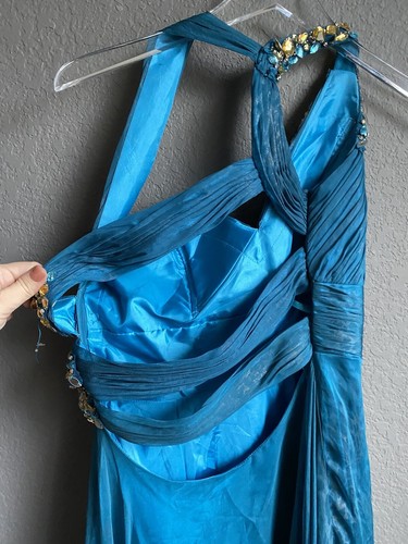 Cache Silk Embellished Beaded Gown Dress Long Teal Gold Prom 8 Leopard Print - Picture 2 of 8