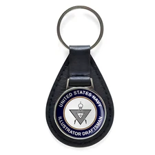 US Navy Illustrator Draftsman DM Black Leather Keychain Silver Keyring Military