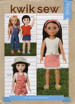 Kwik Sew K4342 Overalls & T-Shirt, Tie Top & Mini Skirt for 14'' Dolls UC Pattern
