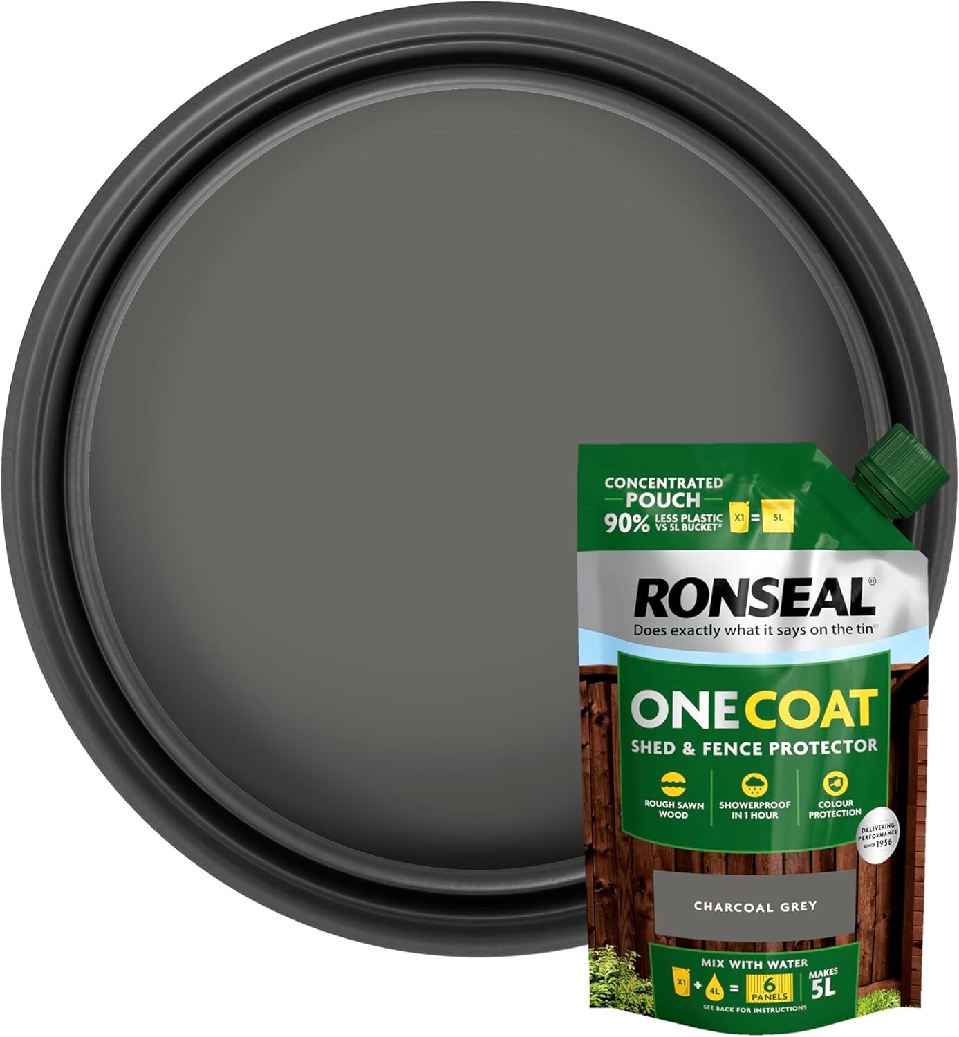 Ronseal One Coat Shed & Fence Paint Pouch Mix with Water 950ml - Charcoal Grey