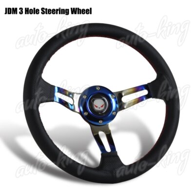 350MM 3-SPOKE DRIFT RACING TITANIUM RED STITCHED BLACK LEATHER STEERING WHEEL