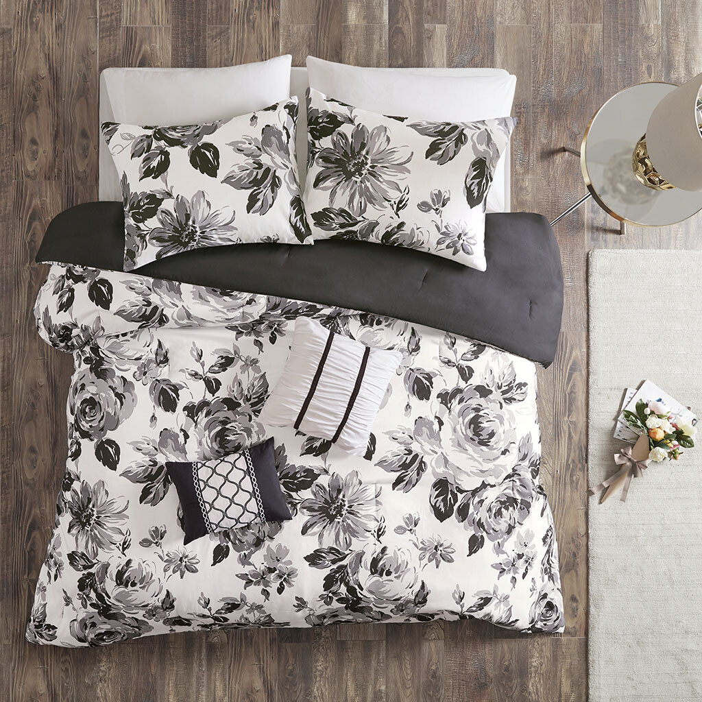 BLACK FLORAL FLOWER COMFORTER SET 