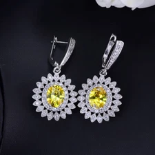 Yellow Cubic Zircon Long Round Sun Flower Drop Dangle Huggie Earrings for Women