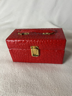 Red Faux Crocodile Leather Box Handbag with Gold Hardware
