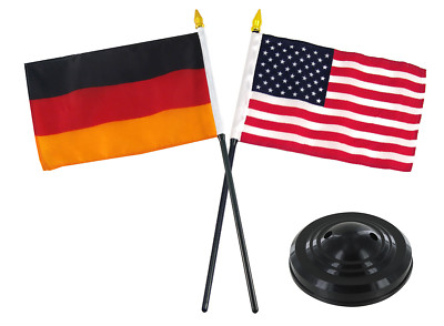 German Germany w/ USA America American Flag 4''x6'' Desk Set Table Black Base