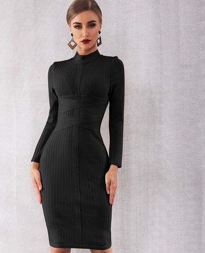 HIGH NECK BLACK BANDAGE DRESS MOCK NECK 