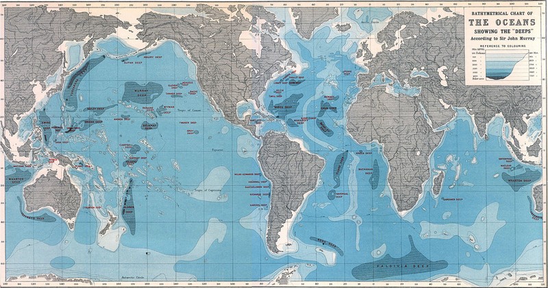 1899 Bathymetrical chart The depths of the ocean Sir John Murray Map 8x16 Poster