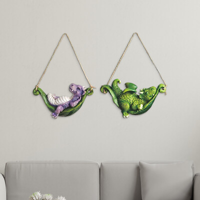 2-PC Lovely Little Dragon Set -4''W Green and Purple Dragons Sleeping on Hammock