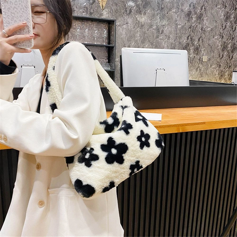 Floral Print Plush Fluffy Shoulder Bag Underarm Bag Furry Purse Tote Bag