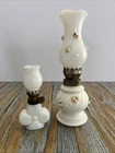 Vintage Milk Glass Mini Oil Lamps Lot 2 Applied Roses Hong Kong 4.5” 8” Cottage