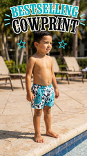 Boys Cow Print Swim Trunks &bull; Turquoise Western Cowhide Shorts