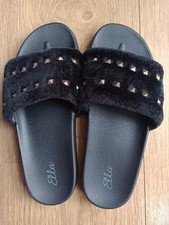 Ladies Women's Ella Black Fur Flip Flops UK Size 6
