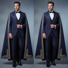 Navy Blue Men's Suit with Long Cape Embroidery Wedding Party Prom Long Coat 3Pcs