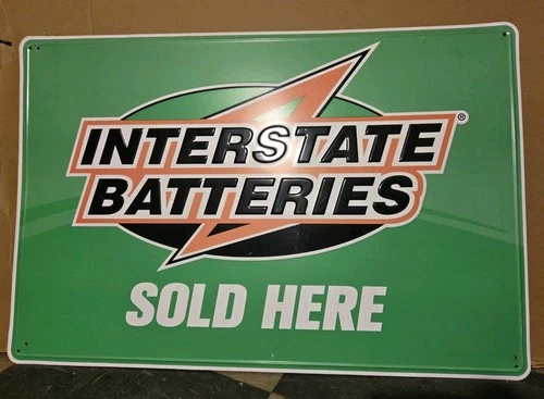 Large 3' Vintage INTERSTATE BATTERIES Sold Here Embossed Metal Gas Station Sign