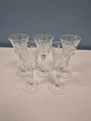 Vintage Etched Crystal Floral Design Clear Glass Cordial Sherry Glasses Set of 5