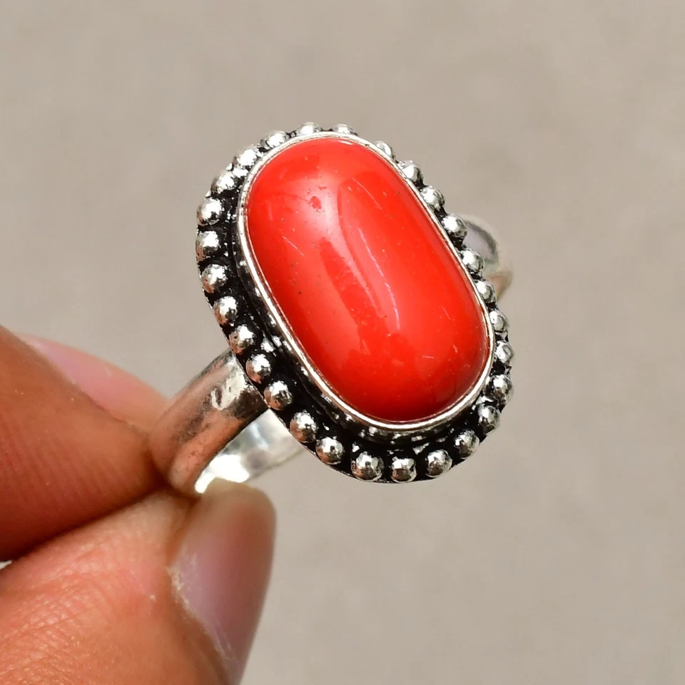 Anello gioiello in argento sterling 925 con pietra preziosa corallo rosso mis... - Immagine 2 di 4