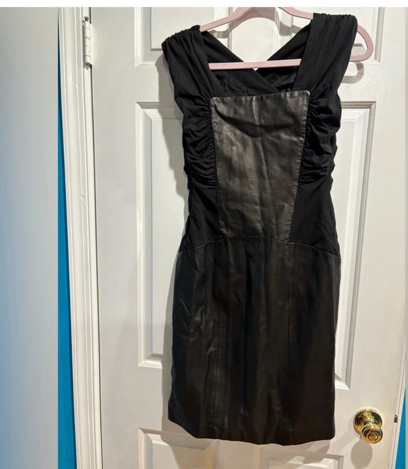 Alberta Ferretti Италии кожи шерсти смесь LBD черный платье sz 6 - Изображение 2 из 4