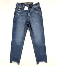 AMERICAN EAGLE STRIGID MOM JEANS Sz 4 STRAIGHT DISTRESSED STRETCH RAW HEM NEW