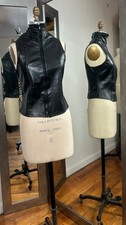 Vintage Black Leather Vest with High Neckline and Corseted Back