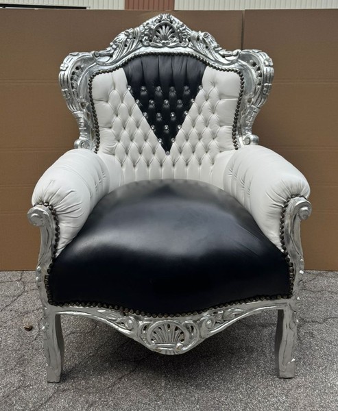 Casa Padrino Barock Kunstleder Sessel Mit Glitzersteinen Weiß / Schwarz / Silber-image