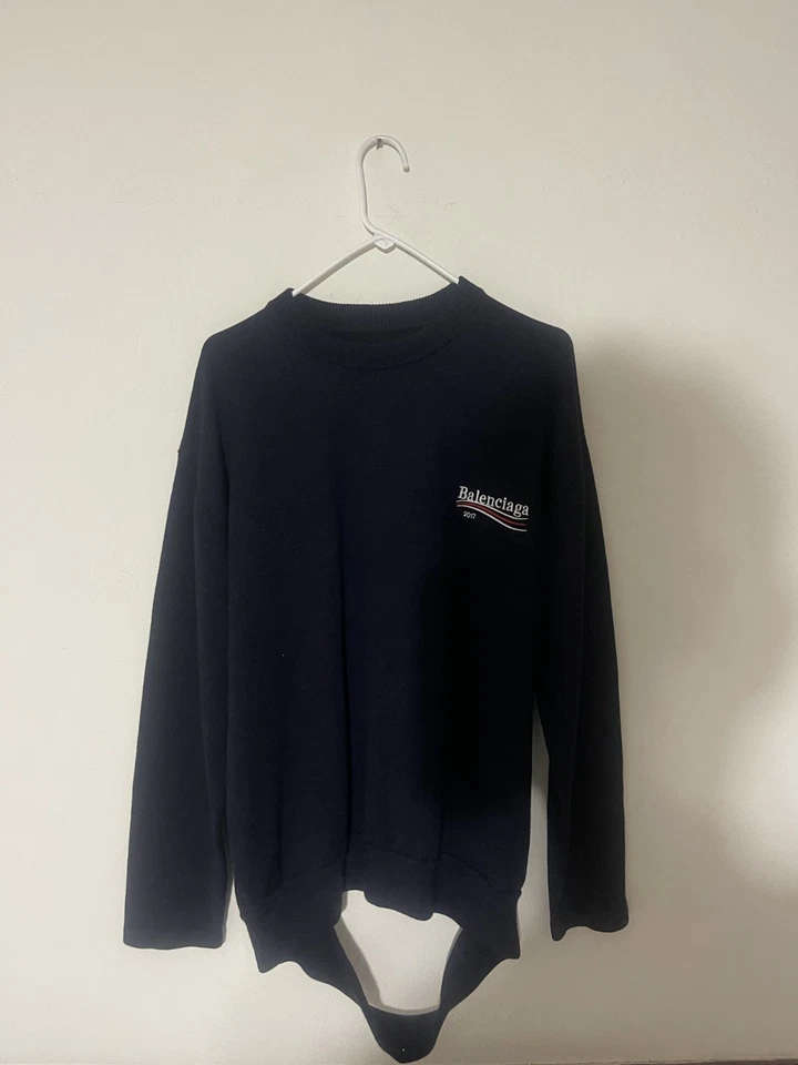 Balenciaga 2017 Campaign Logo Crewneck Sweater Men's M Dark Navy Wool Blend - Image 2 of 4