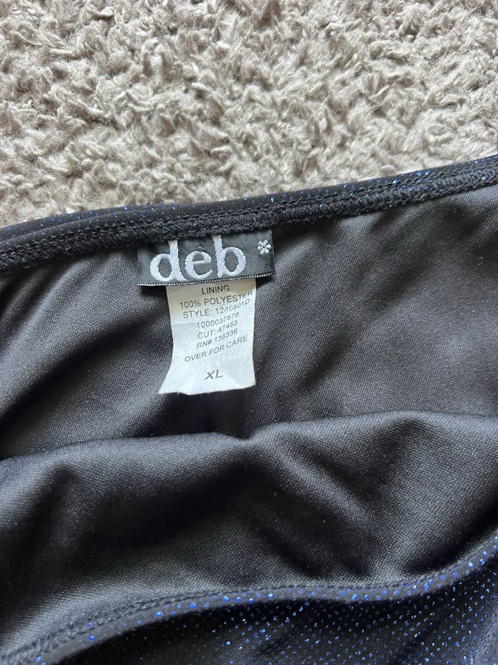 Vtg Y2K 2000s Deb Dress XL Blue Black Glitter Ruched One Shoulder Mini Bodycon - Image 4 of 4