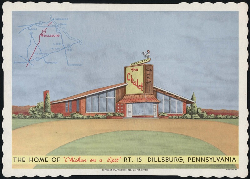 Vintage placemat THE CHALET RESTAURANT pictured Chicken On A Spit Dillsburg PA