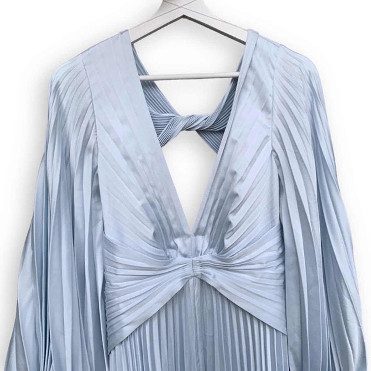 Acler Pleated Satin Dress 4 Palms Midi Dress Flowy Asymmetrical V Neck Blue