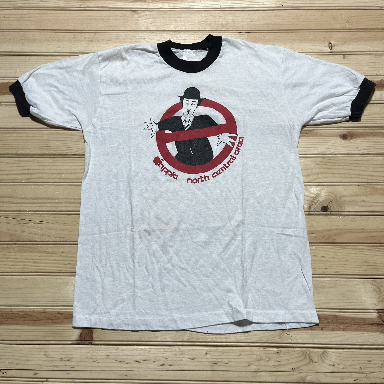 Vintage 80s Charlie Chaplin Apple North Central Graphic Ringer Tee Men's Size L